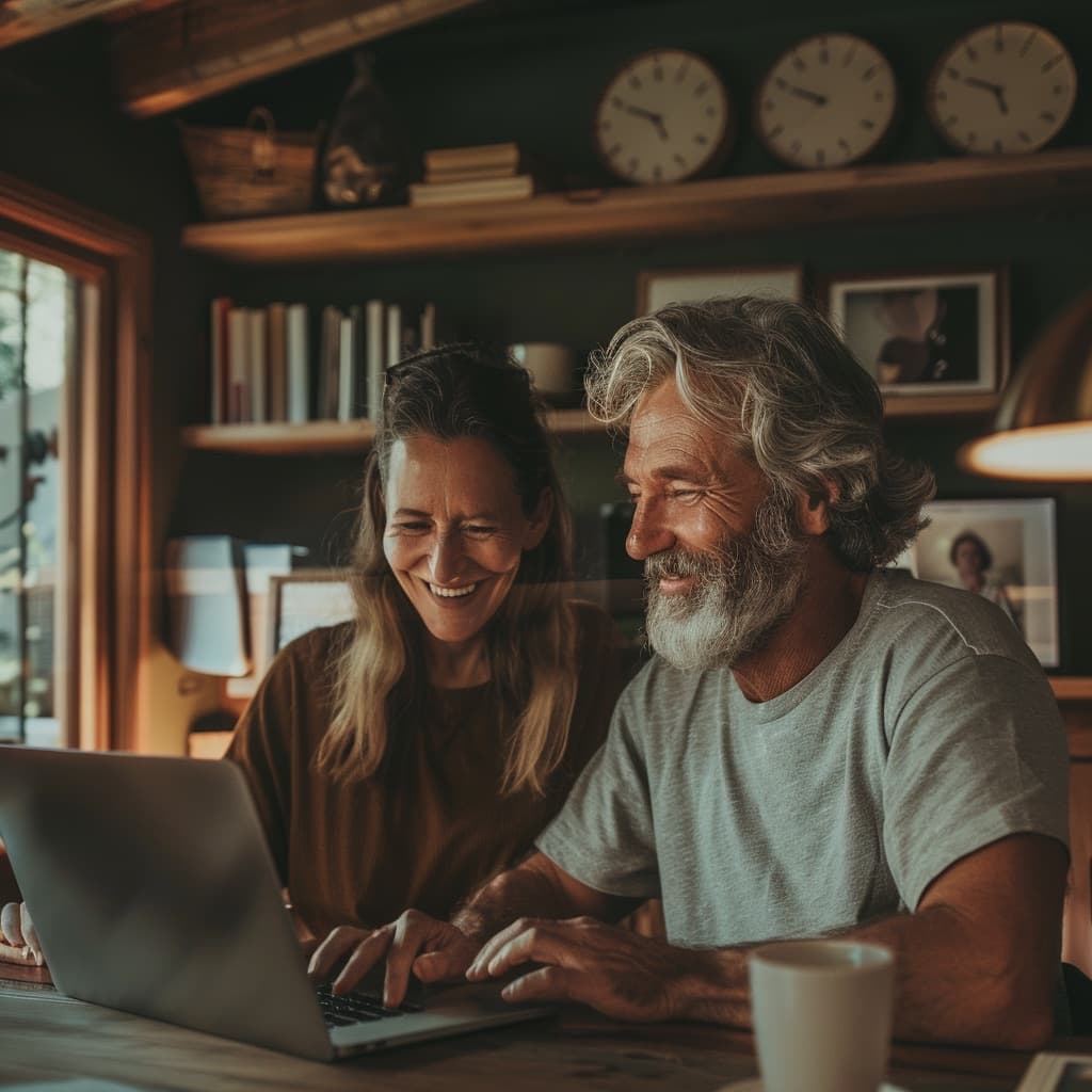 A couple at their kitchen table, working through a plan together on a laptop