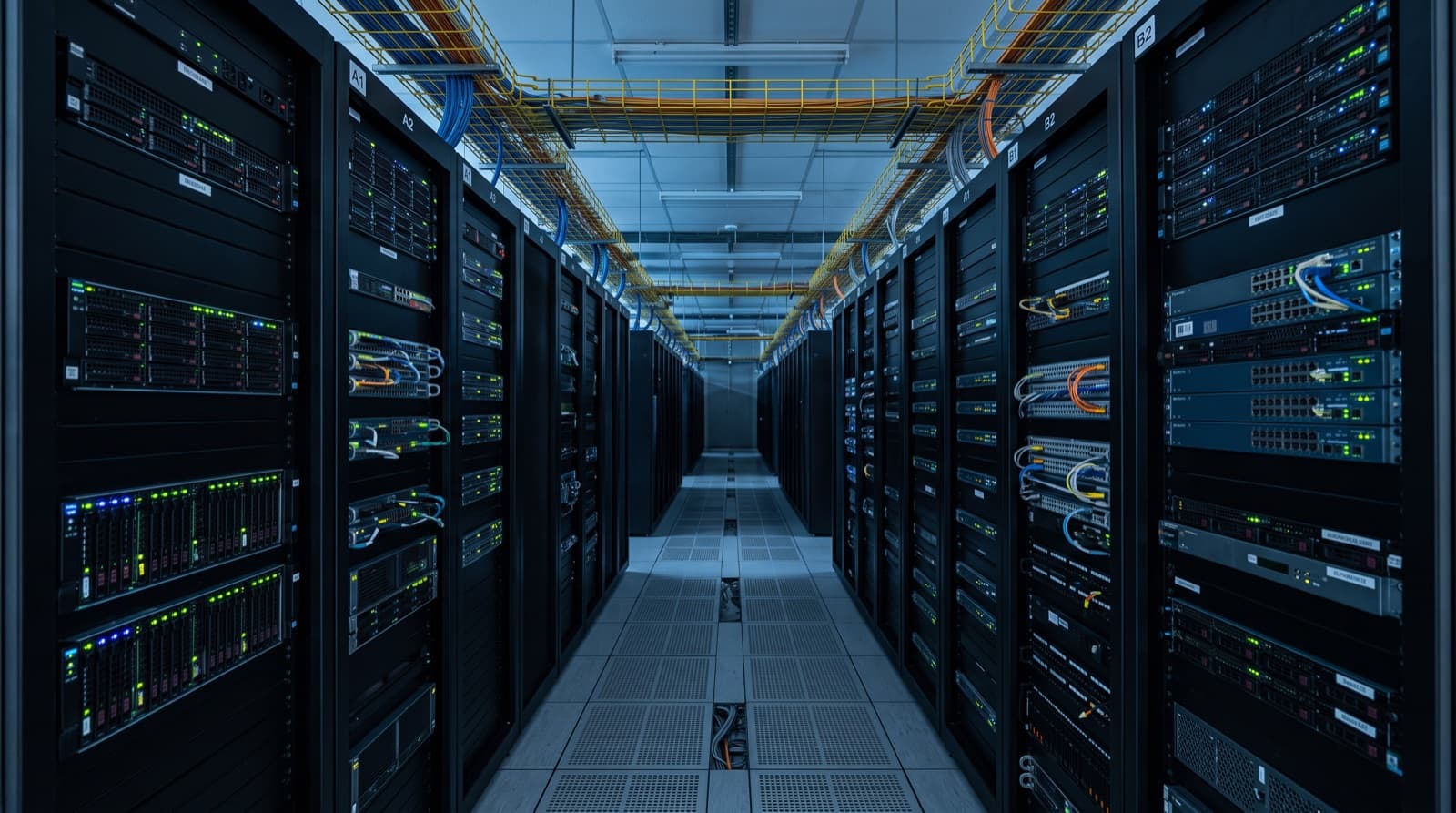 A row of server racks in a data center corridor