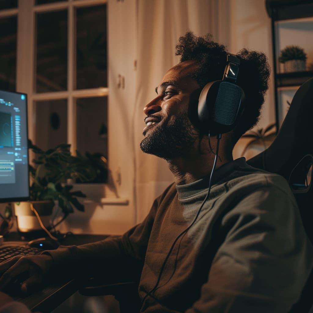 A fellow reviewing AI system output on his monitor from a home workspace