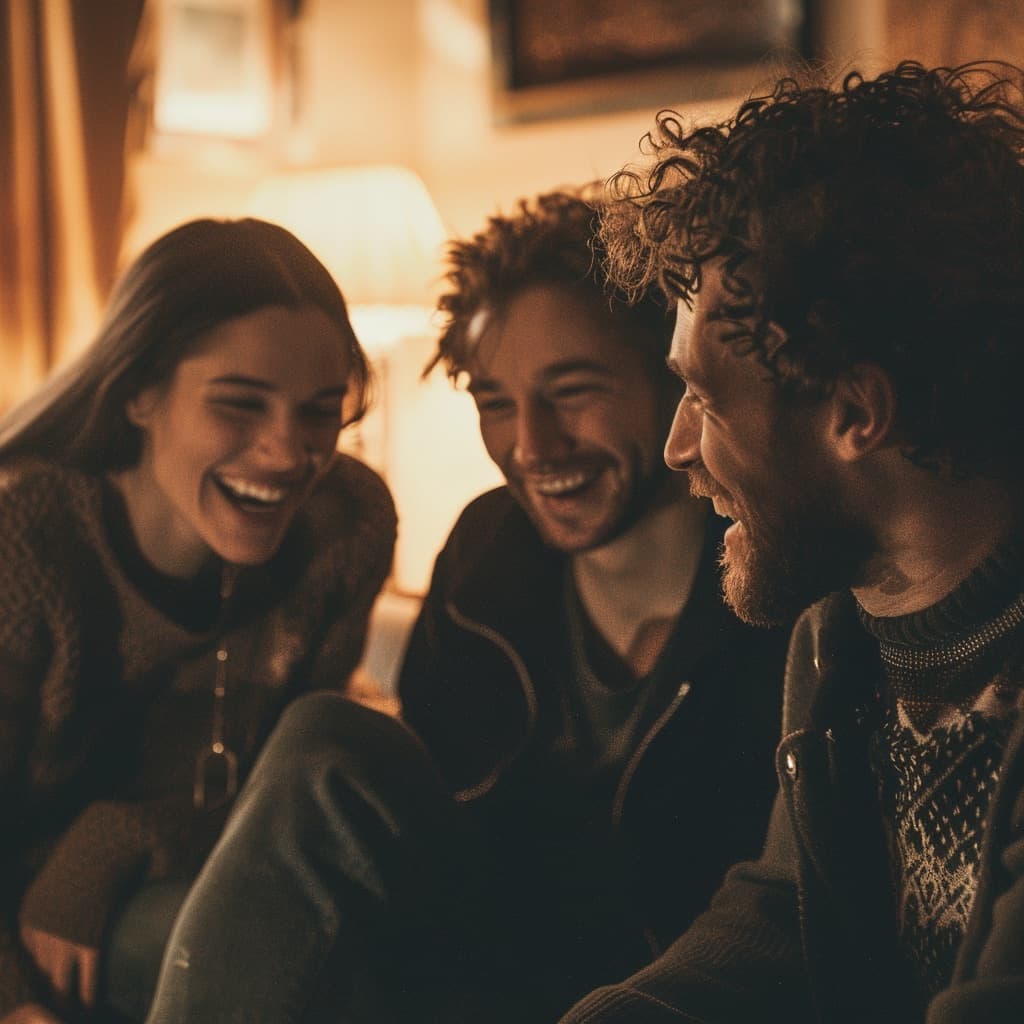 Three friends at home in warm evening light, laughing together
