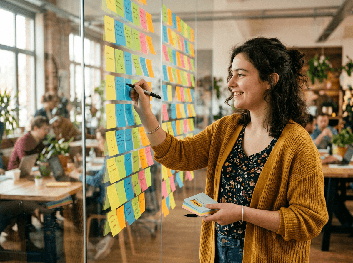 A team member organizing ideas on a glass wall in a bright creative workspace