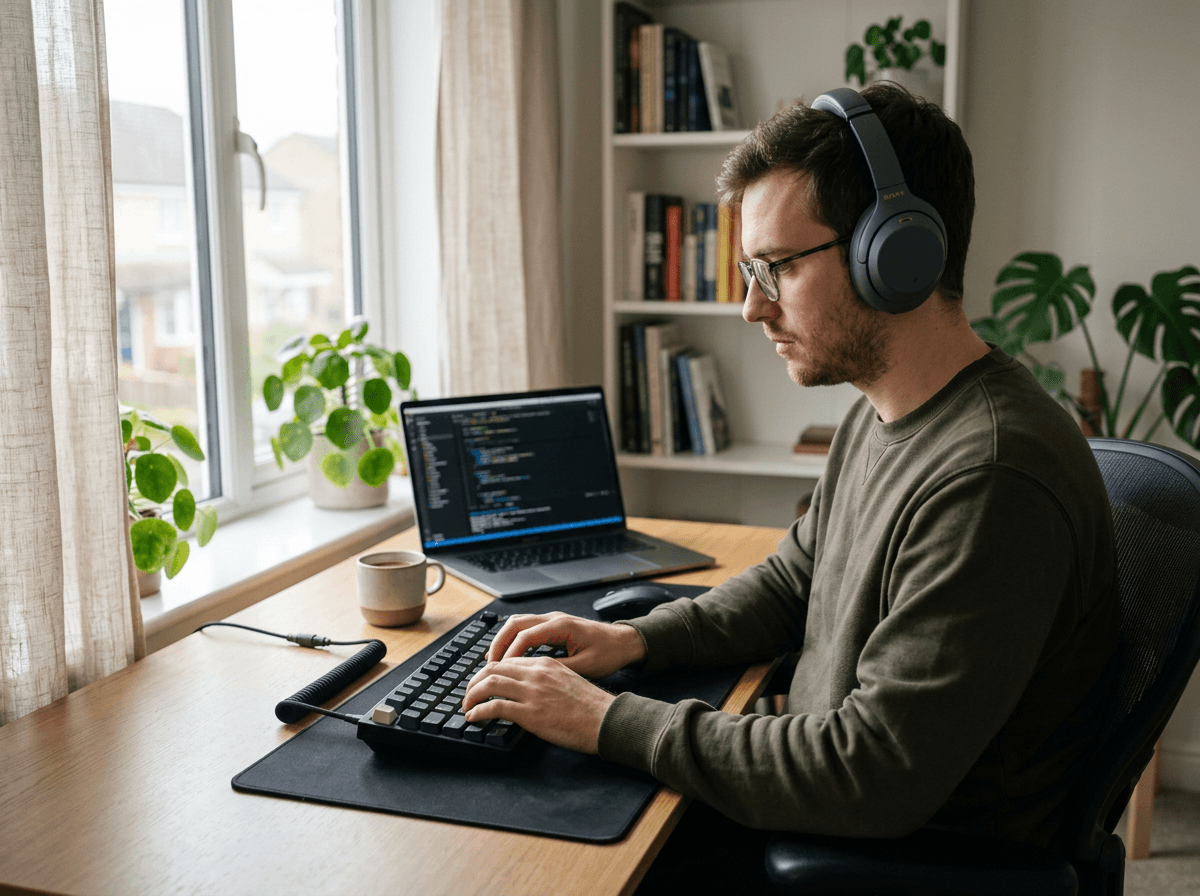 A man wearing noise-cancelling headphones, deeply focused on his work at a home desk