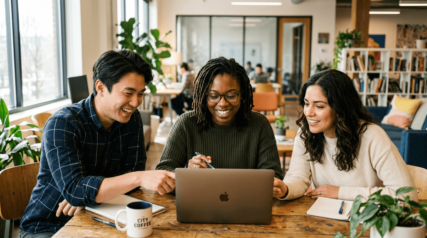 A small team collaborating around a laptop, working through the plan