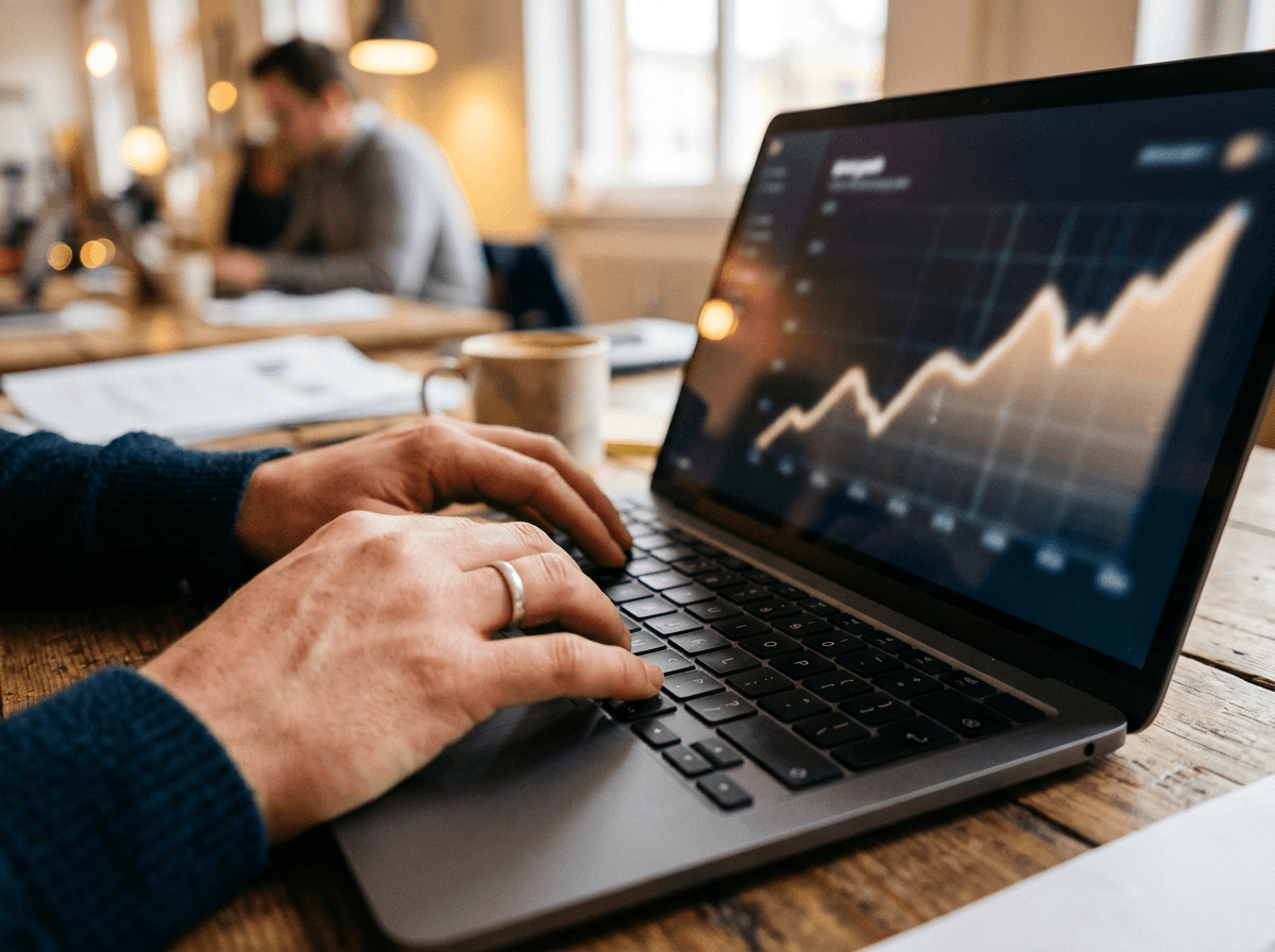Hands on a laptop keyboard with an upward growth chart softly visible on the screen