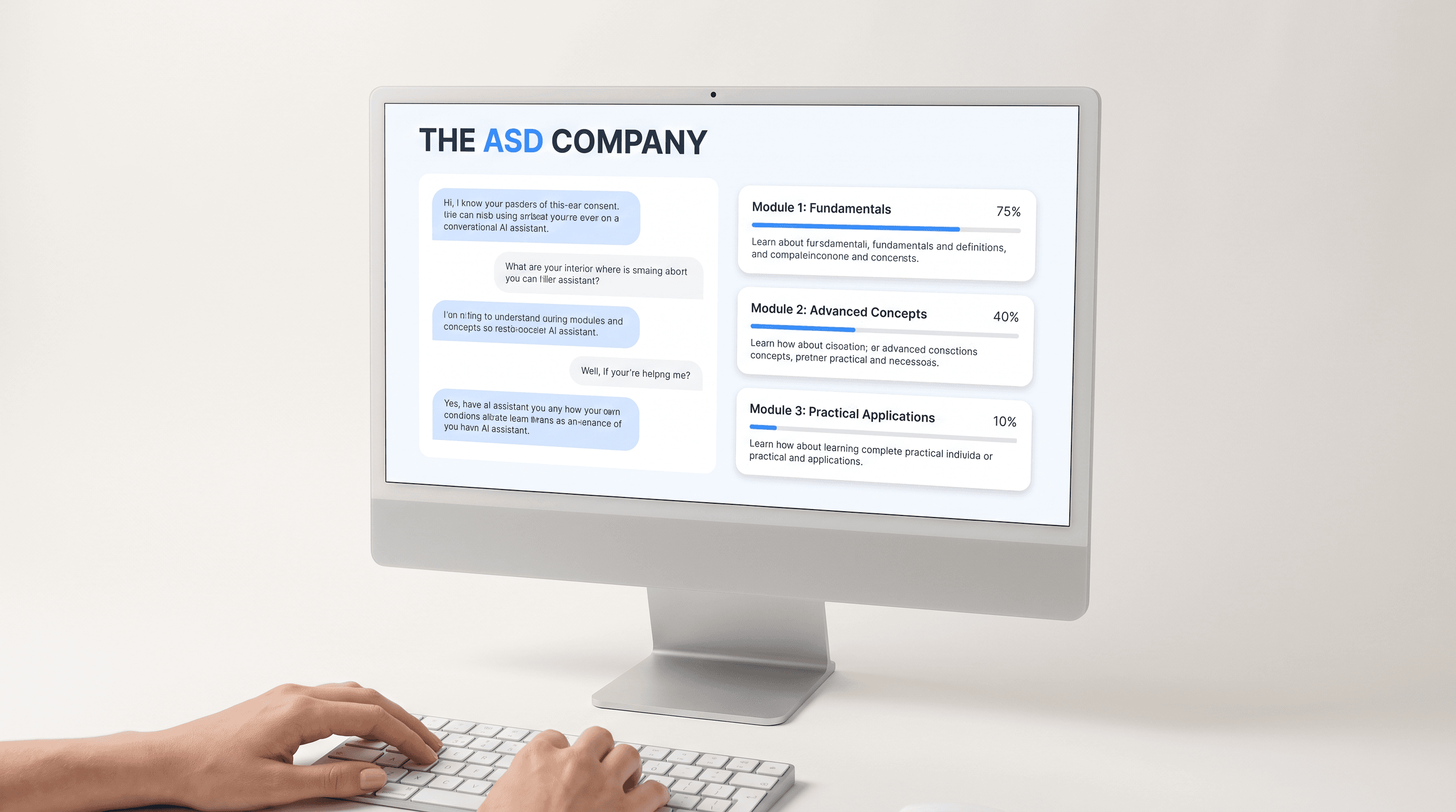A desktop monitor showing a concept of the ASD OS: an assistant conversation on the left and learning modules with progress bars on the right