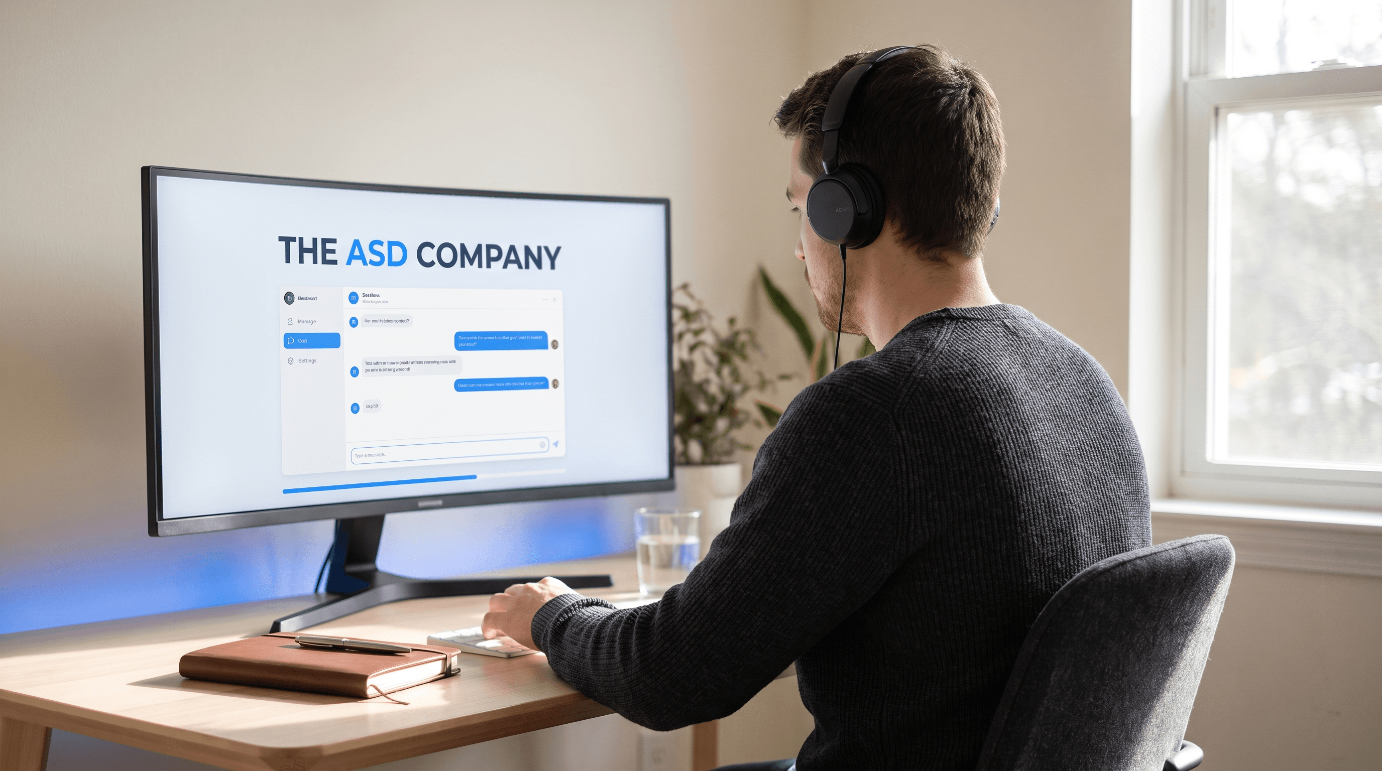 An adult working at a desk, using the ASD OS on a widescreen monitor in a bright home office